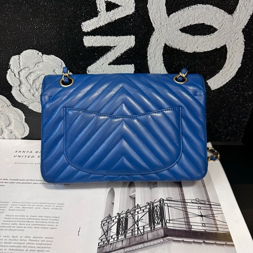 Chanel Blue Gold V-Pattern Small Classic Flap Crossbody Bag