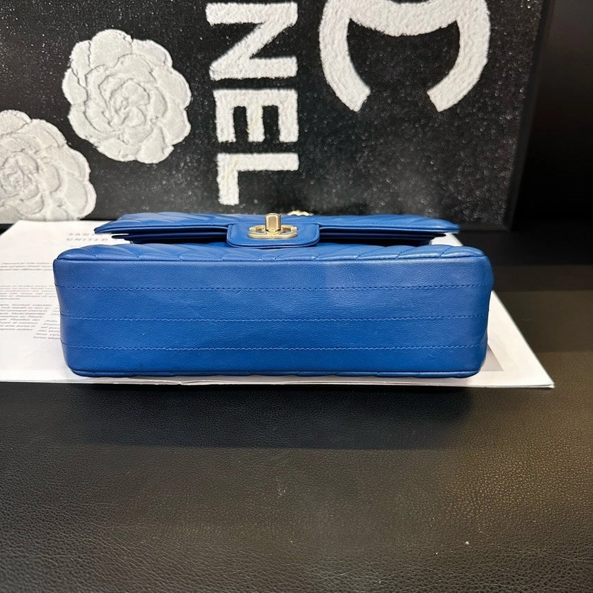 Chanel Blue Gold V-Pattern Small Classic Flap Crossbody Bag