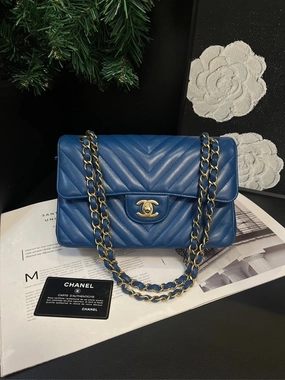 Chanel Blue Gold V-Pattern Small Classic Flap Crossbody Bag