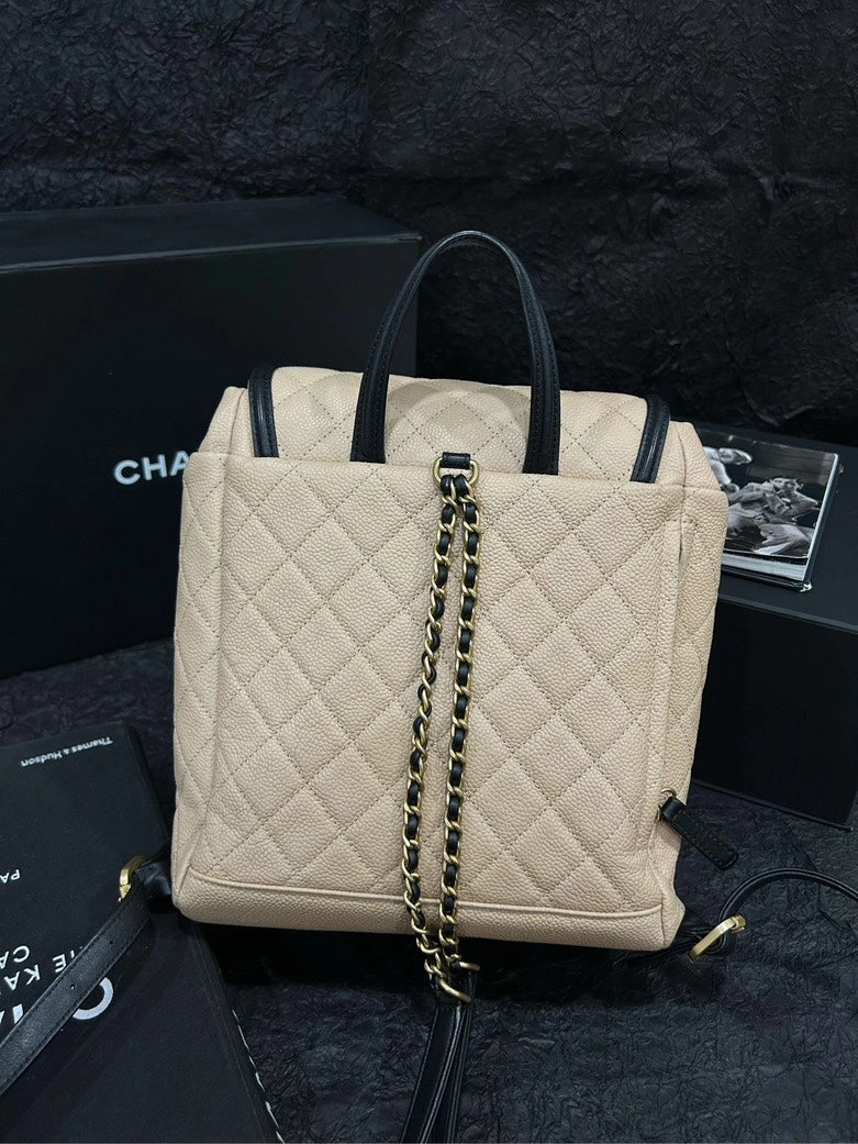 Chanel Caviar Leather Backpack Beige & Black 20cm25cm
