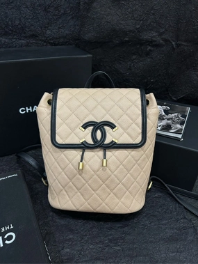 Chanel Caviar Leather Backpack Beige & Black 20cm25cm