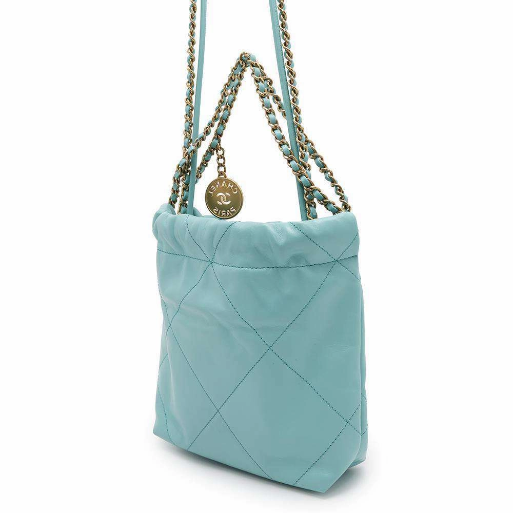 CHANEL CHANEL22 Shoulder Bag Turquise BlueAS3980 Shiny Calf Leather Size Mini