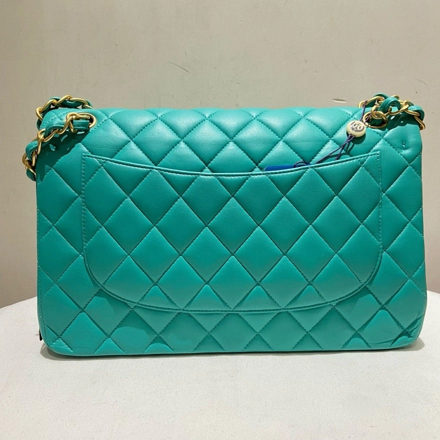 Chanel Classic Flap CF Jumbo Lambskin Double Flap Green Shoulder Bag