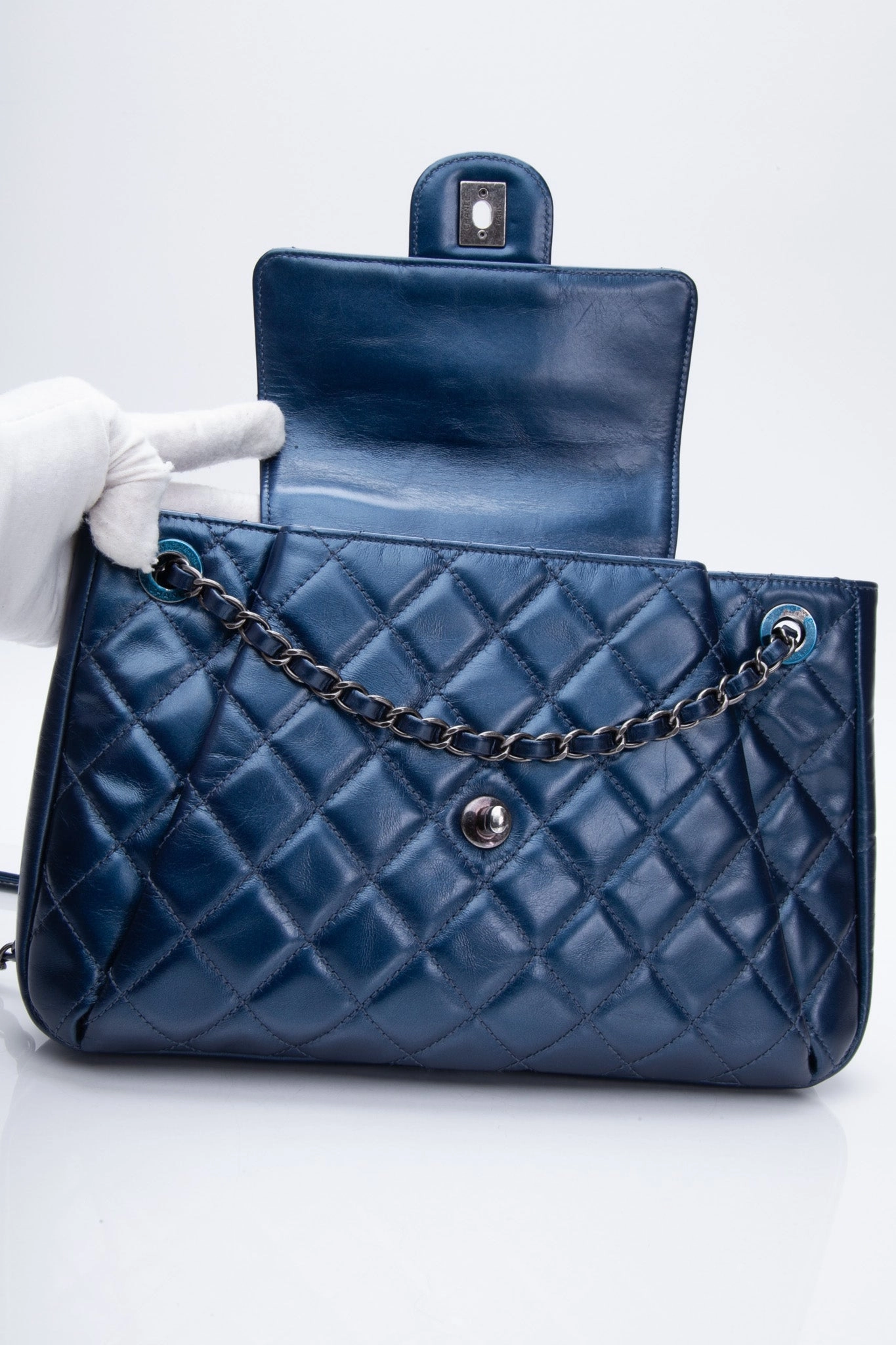 CHANEL Glazed Calfskin Quilted Metallic Dark Blue Shoulder/Crossbody Flap Bag