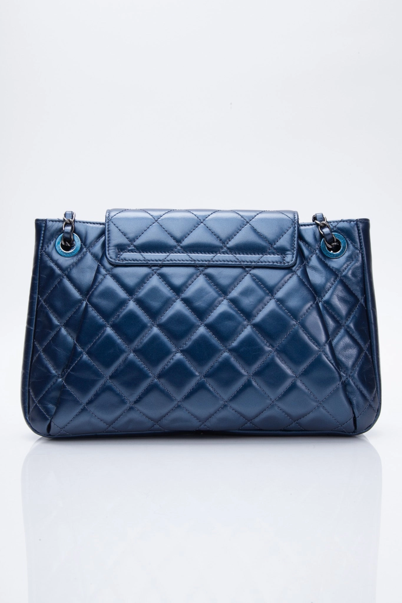 CHANEL Glazed Calfskin Quilted Metallic Dark Blue Shoulder/Crossbody Flap Bag