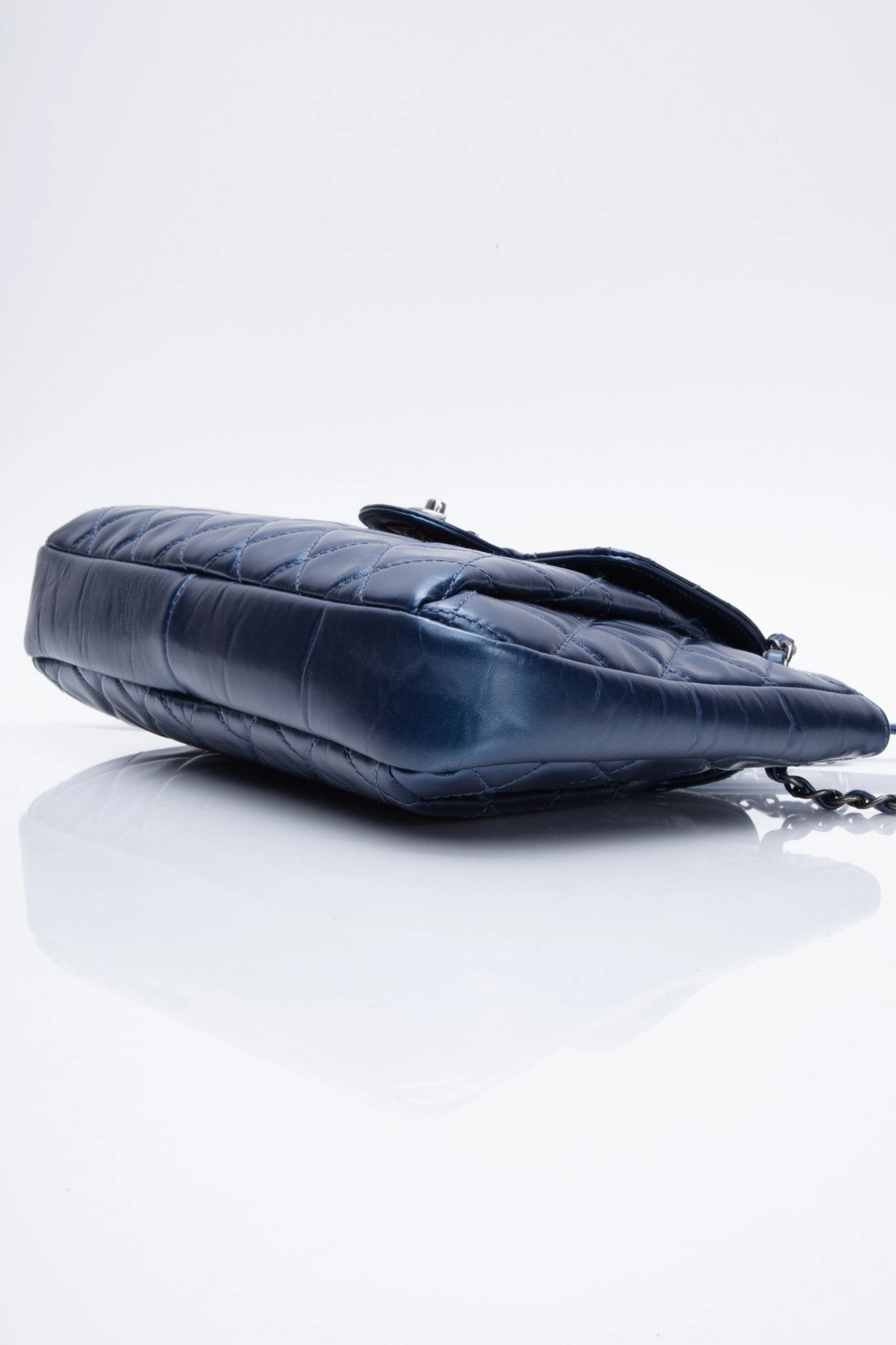 CHANEL Glazed Calfskin Quilted Metallic Dark Blue Shoulder/Crossbody Flap Bag