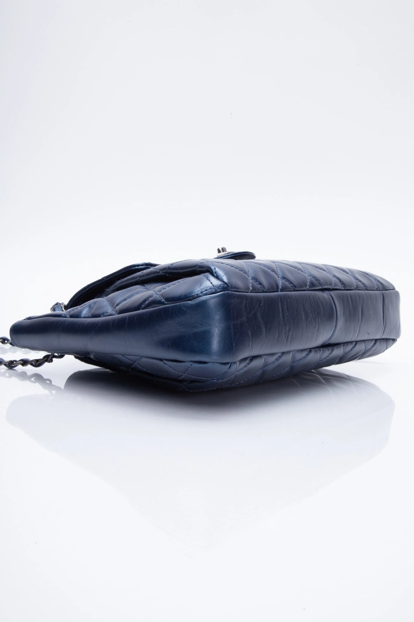 CHANEL Glazed Calfskin Quilted Metallic Dark Blue Shoulder/Crossbody Flap Bag