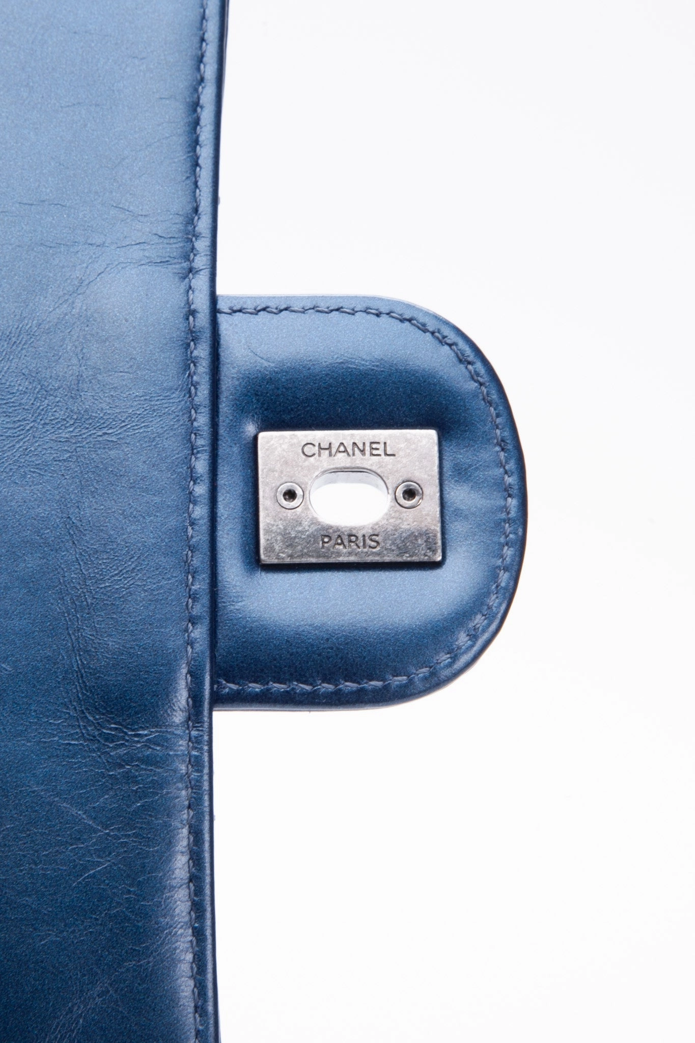 CHANEL Glazed Calfskin Quilted Metallic Dark Blue Shoulder/Crossbody Flap Bag