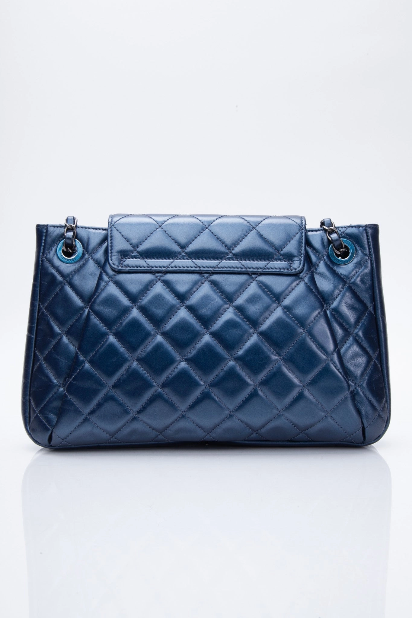 CHANEL Glazed Calfskin Quilted Metallic Dark Blue Shoulder/Crossbody Flap Bag