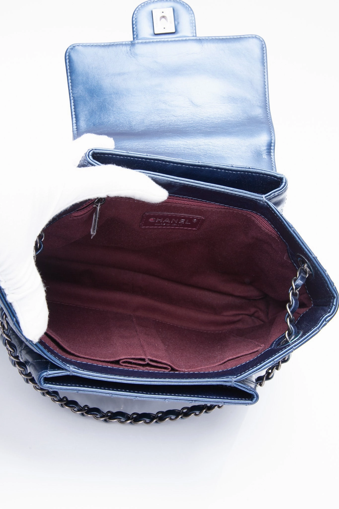 CHANEL Glazed Calfskin Quilted Metallic Dark Blue Shoulder/Crossbody Flap Bag