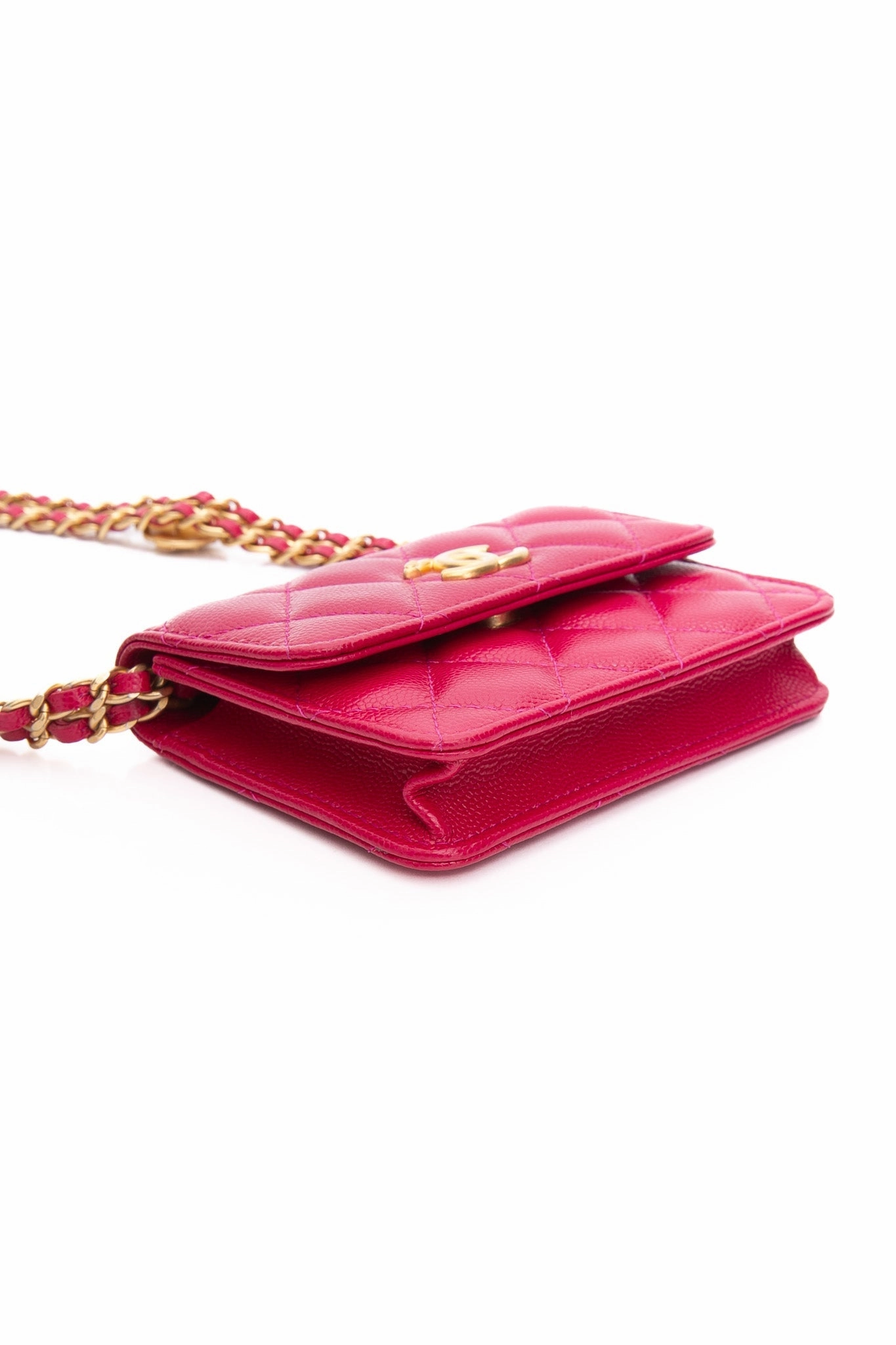 CHANEL Hot Pink Caviar Quilted Twist Your Buttons Coin Purse with Chain Crossbody Bag