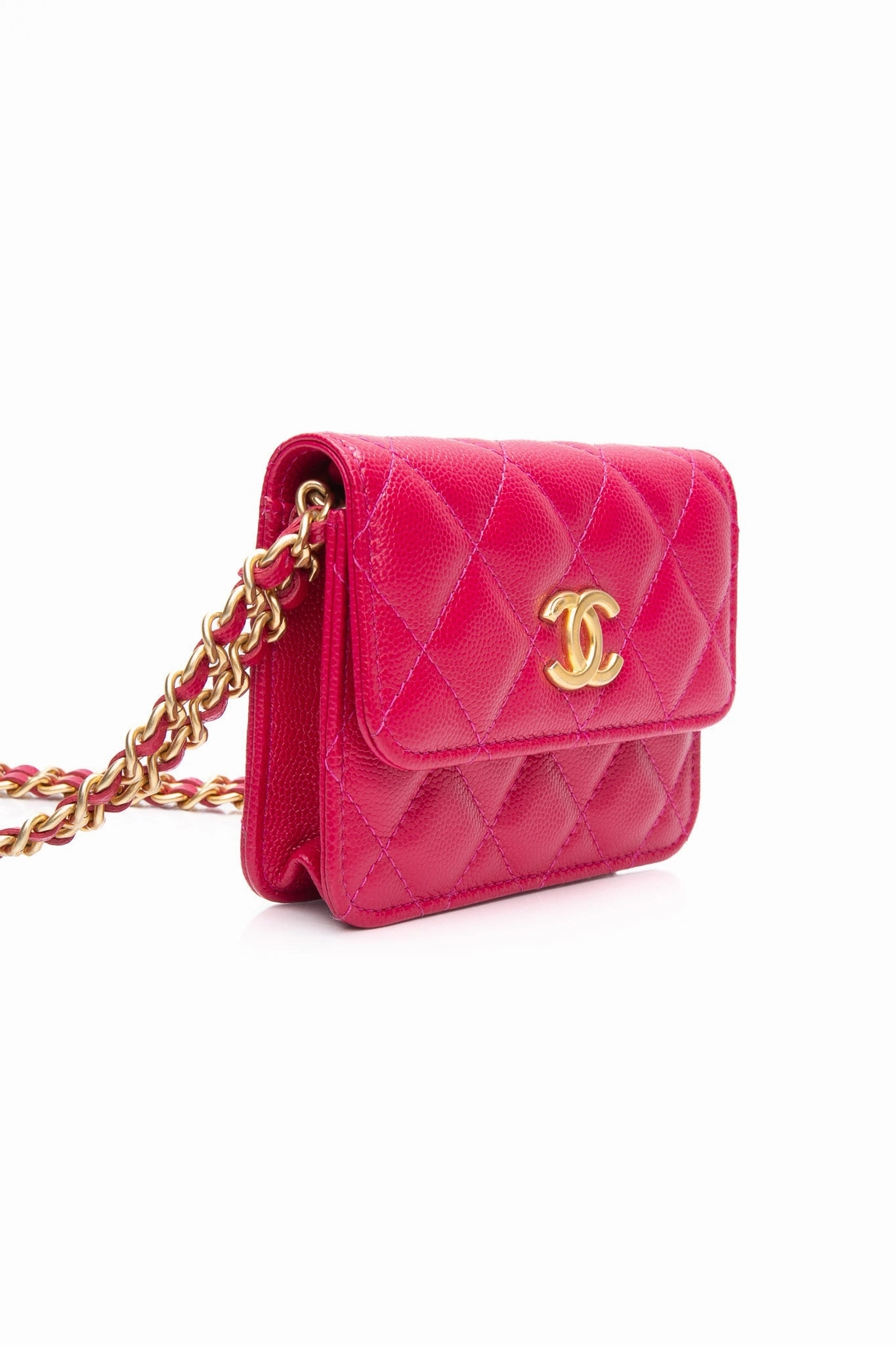 CHANEL Hot Pink Caviar Quilted Twist Your Buttons Coin Purse with Chain Crossbody Bag