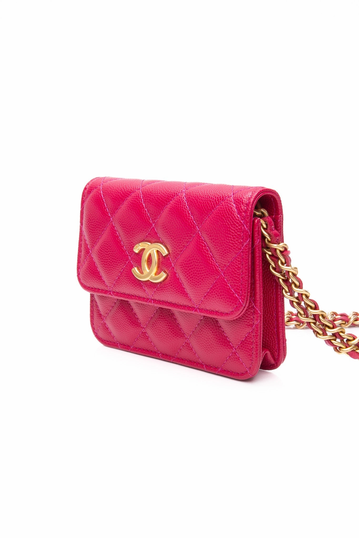 CHANEL Hot Pink Caviar Quilted Twist Your Buttons Coin Purse with Chain Crossbody Bag