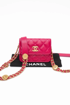CHANEL Hot Pink Caviar Quilted Twist Your Buttons Coin Purse with Chain Crossbody Bag