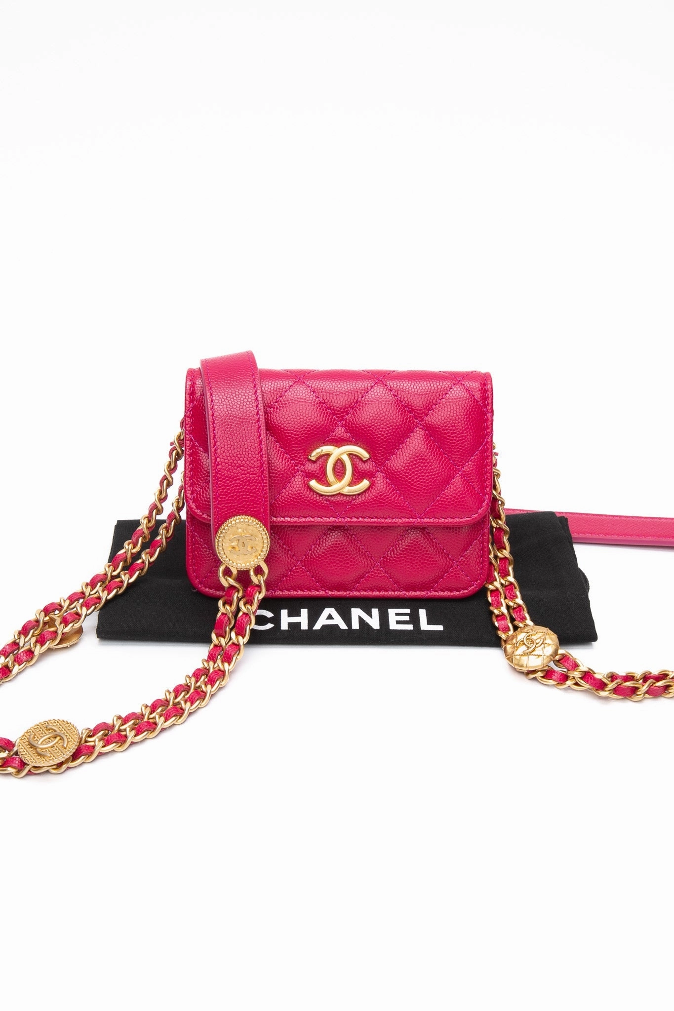 CHANEL Hot Pink Caviar Quilted Twist Your Buttons Coin Purse with Chain Crossbody Bag
