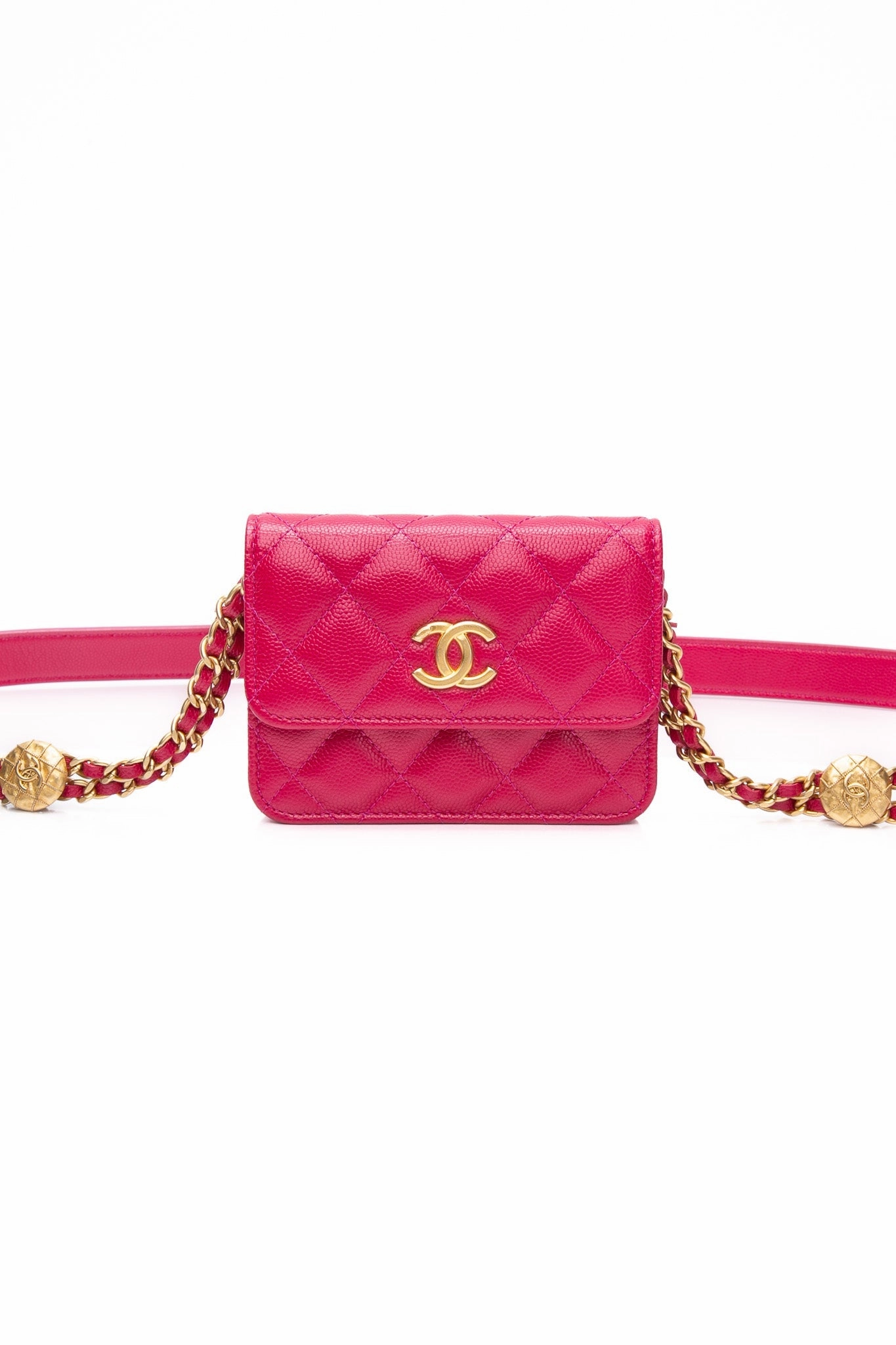 CHANEL Hot Pink Caviar Quilted Twist Your Buttons Coin Purse with Chain Crossbody Bag