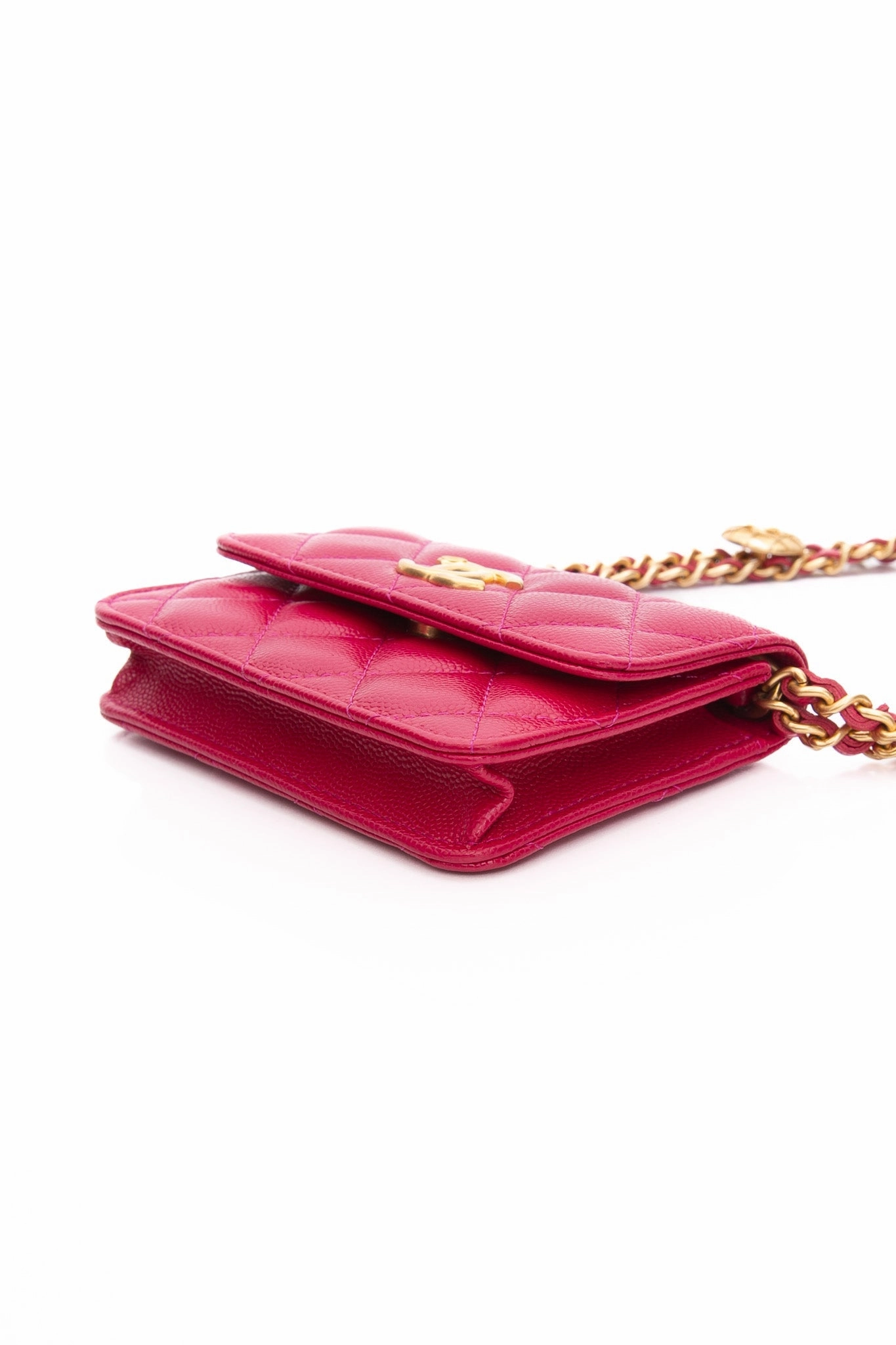 CHANEL Hot Pink Caviar Quilted Twist Your Buttons Coin Purse with Chain Crossbody Bag