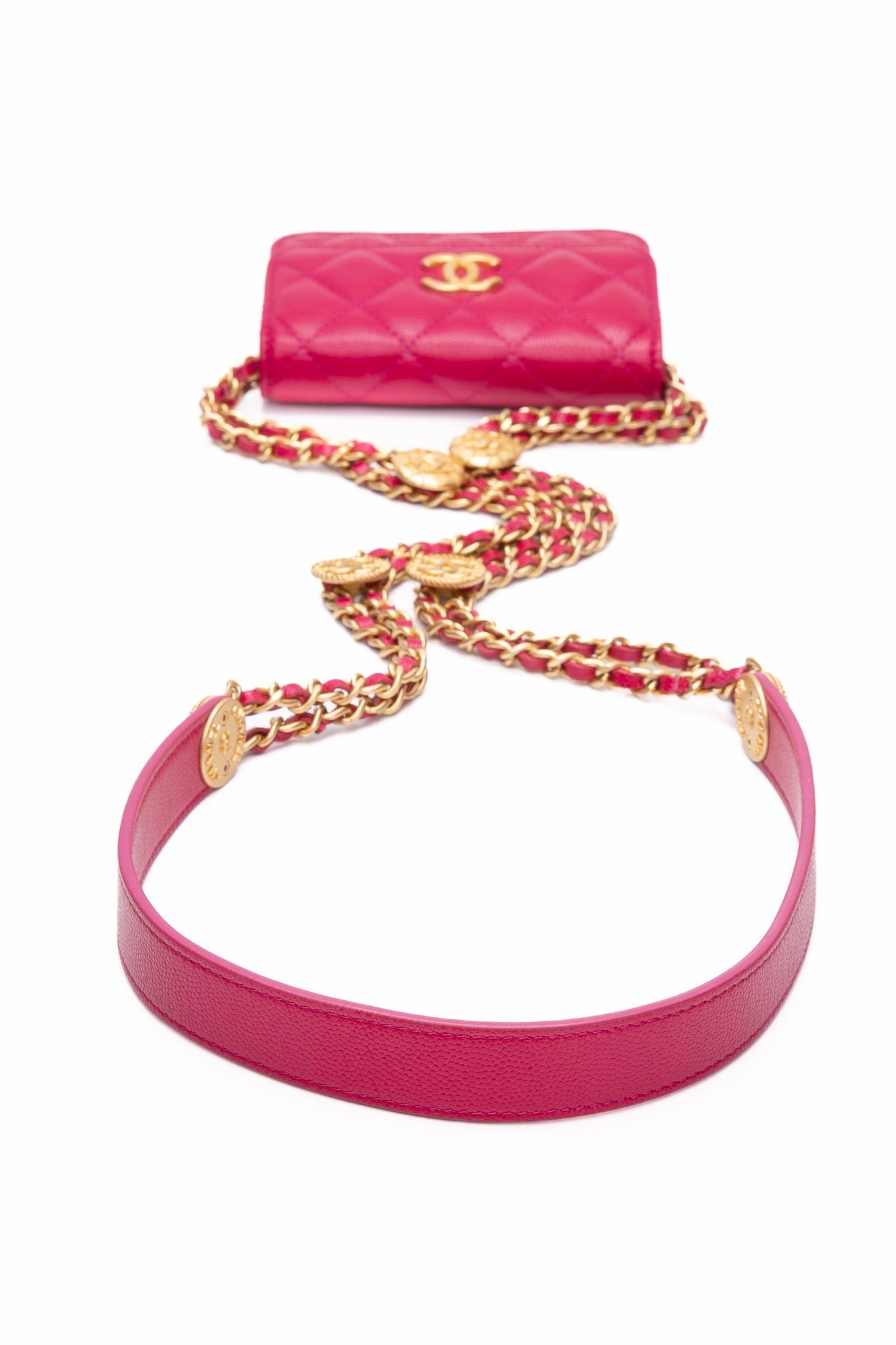 CHANEL Hot Pink Caviar Quilted Twist Your Buttons Coin Purse with Chain Crossbody Bag