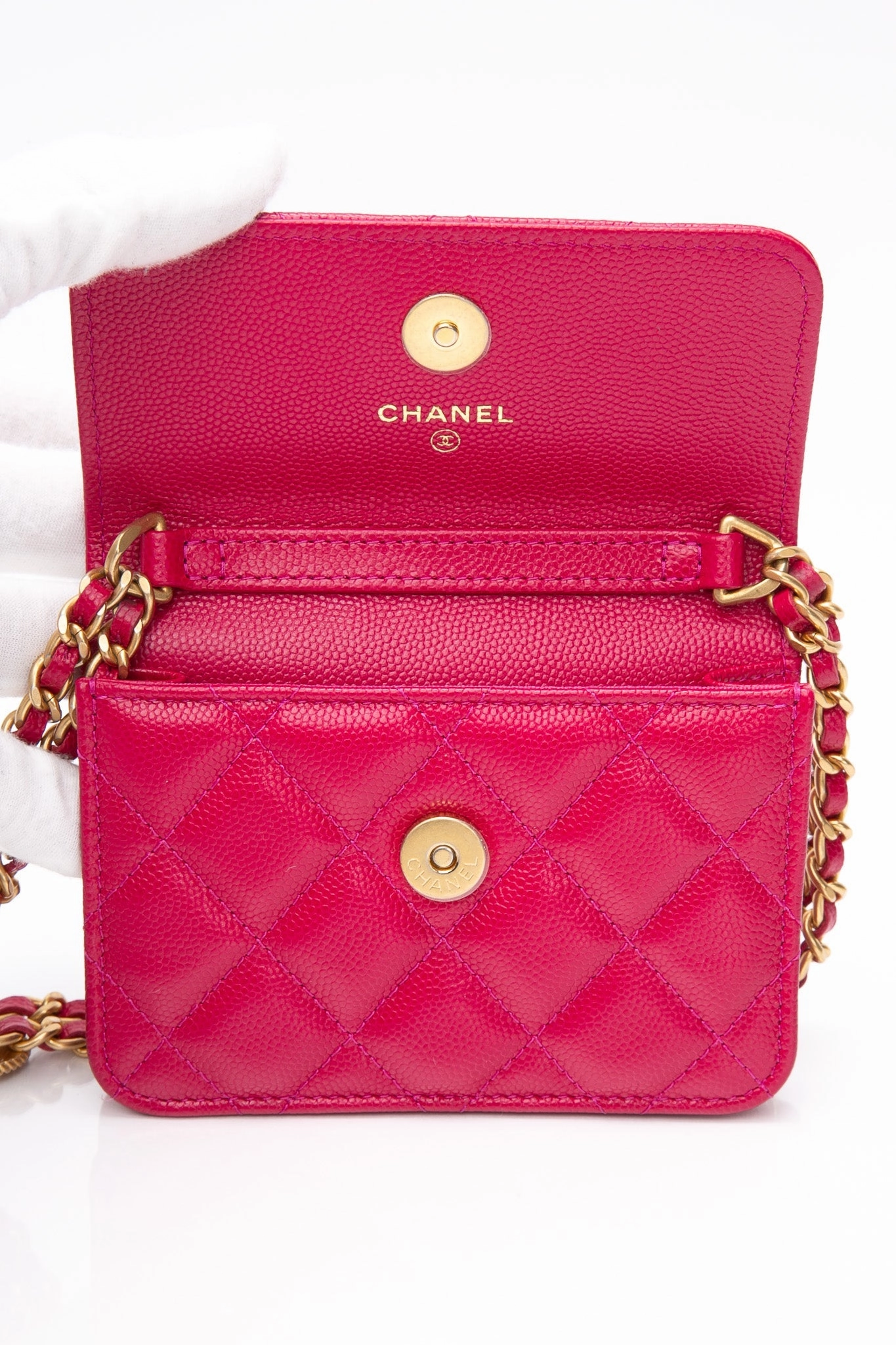 CHANEL Hot Pink Caviar Quilted Twist Your Buttons Coin Purse with Chain Crossbody Bag