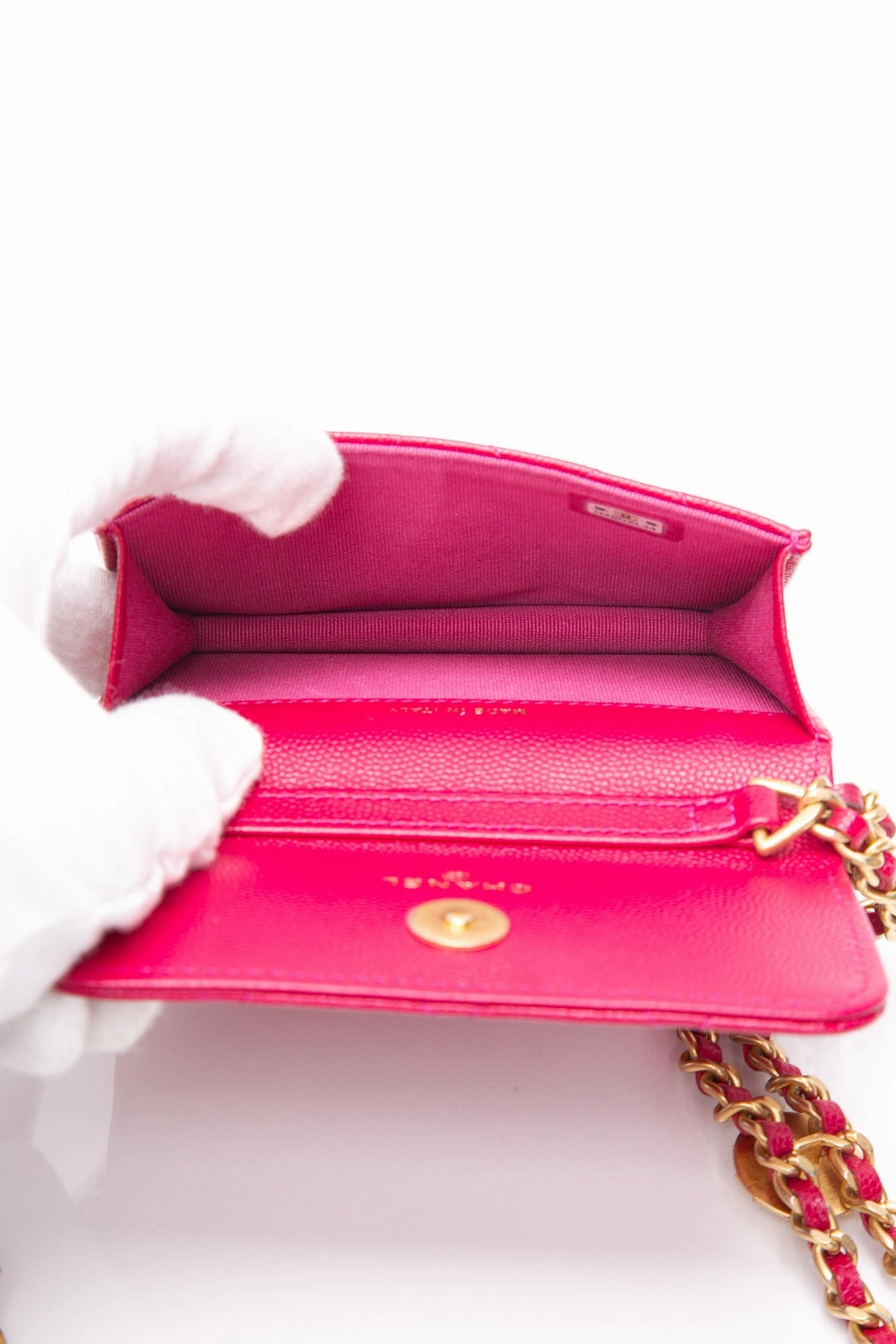CHANEL Hot Pink Caviar Quilted Twist Your Buttons Coin Purse with Chain Crossbody Bag