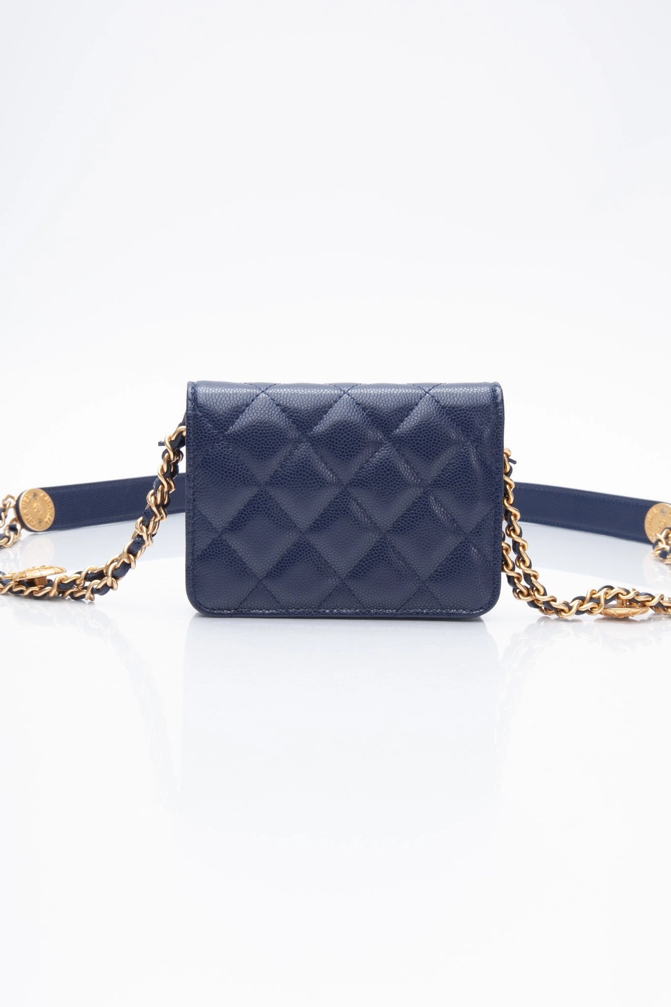CHANEL Navy Quilted Caviar Twist Your Buttons Coin Purse with Chain Crossbody Bag