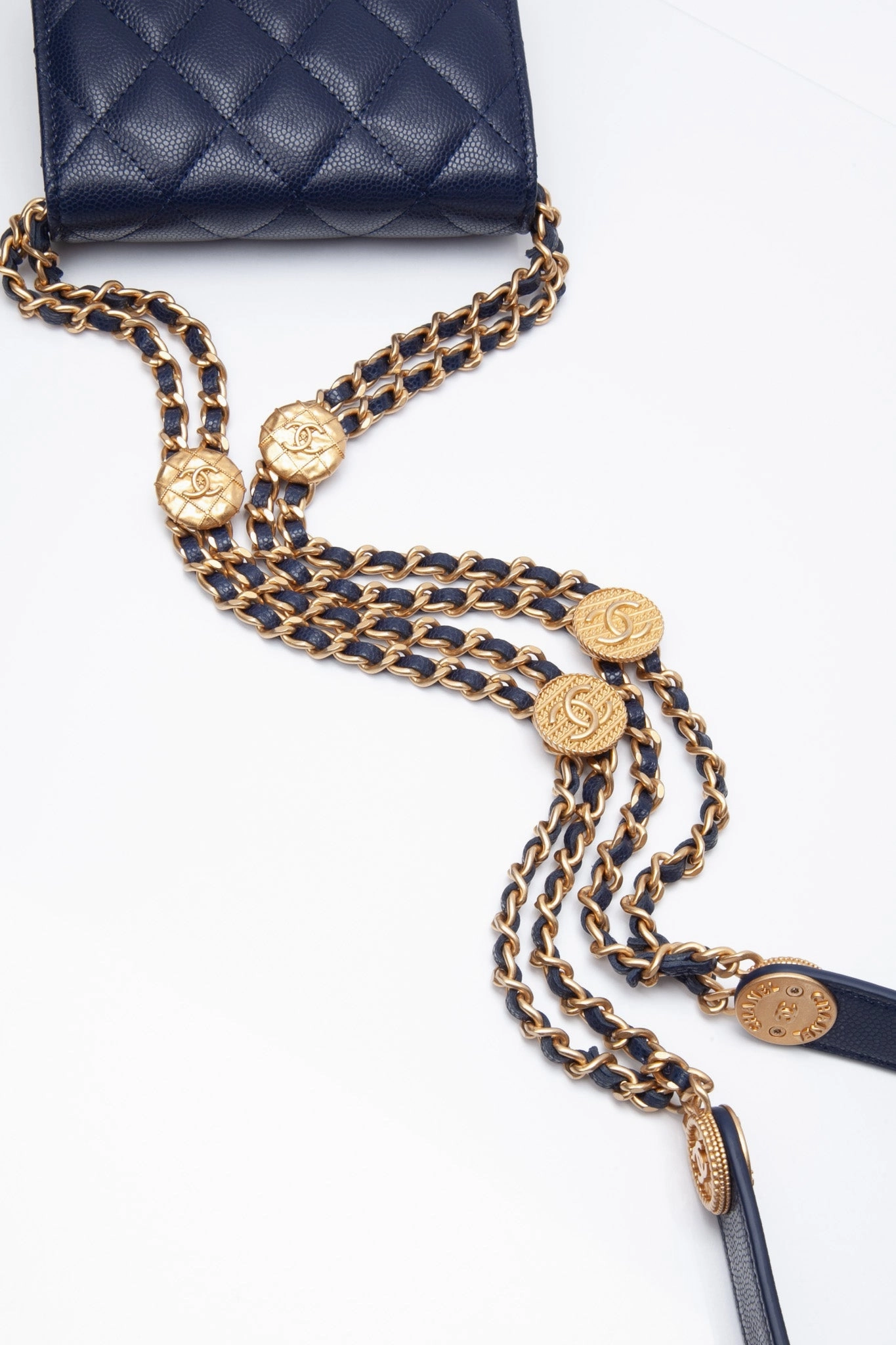 CHANEL Navy Quilted Caviar Twist Your Buttons Coin Purse with Chain Crossbody Bag