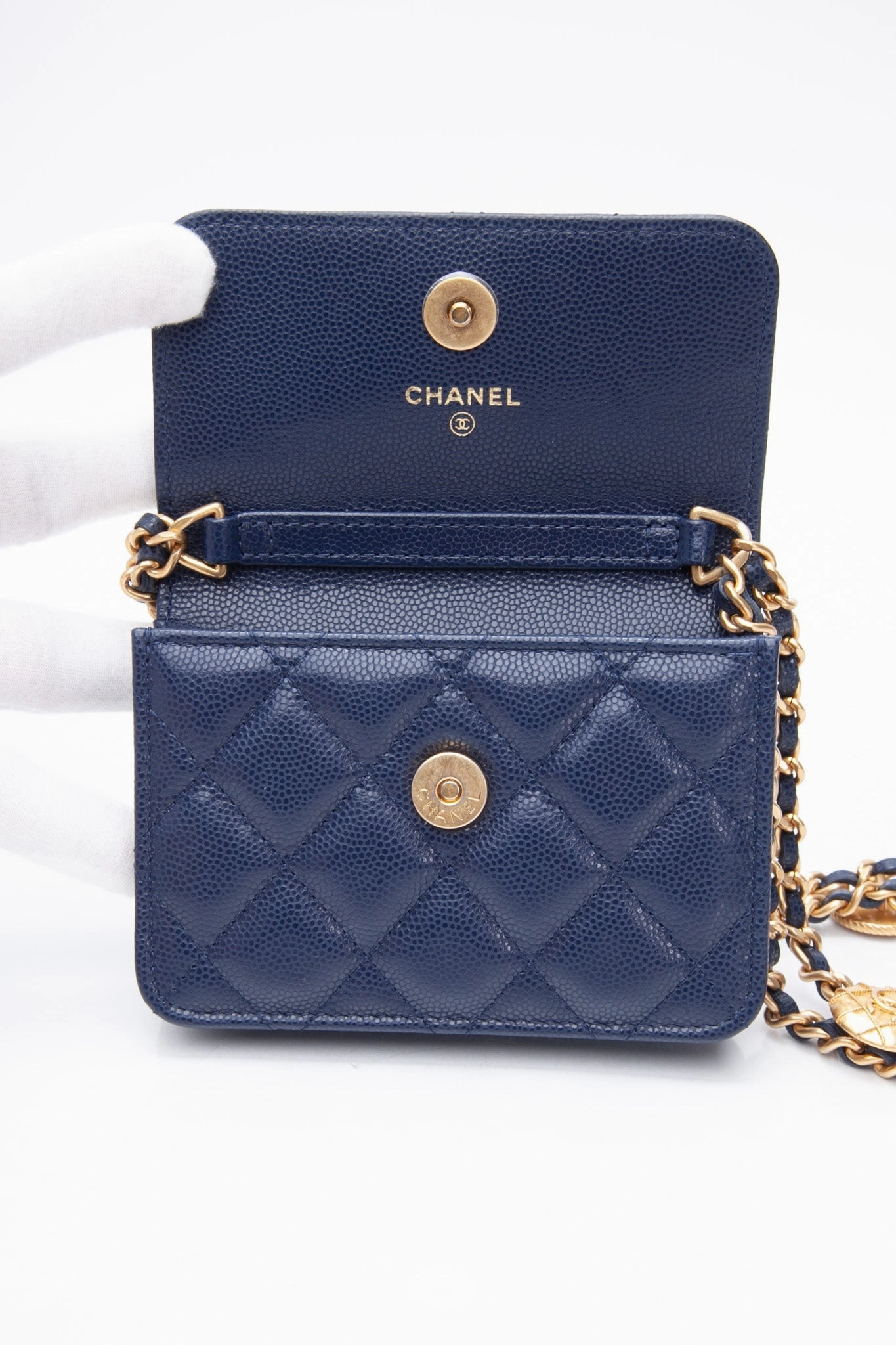 CHANEL Navy Quilted Caviar Twist Your Buttons Coin Purse with Chain Crossbody Bag