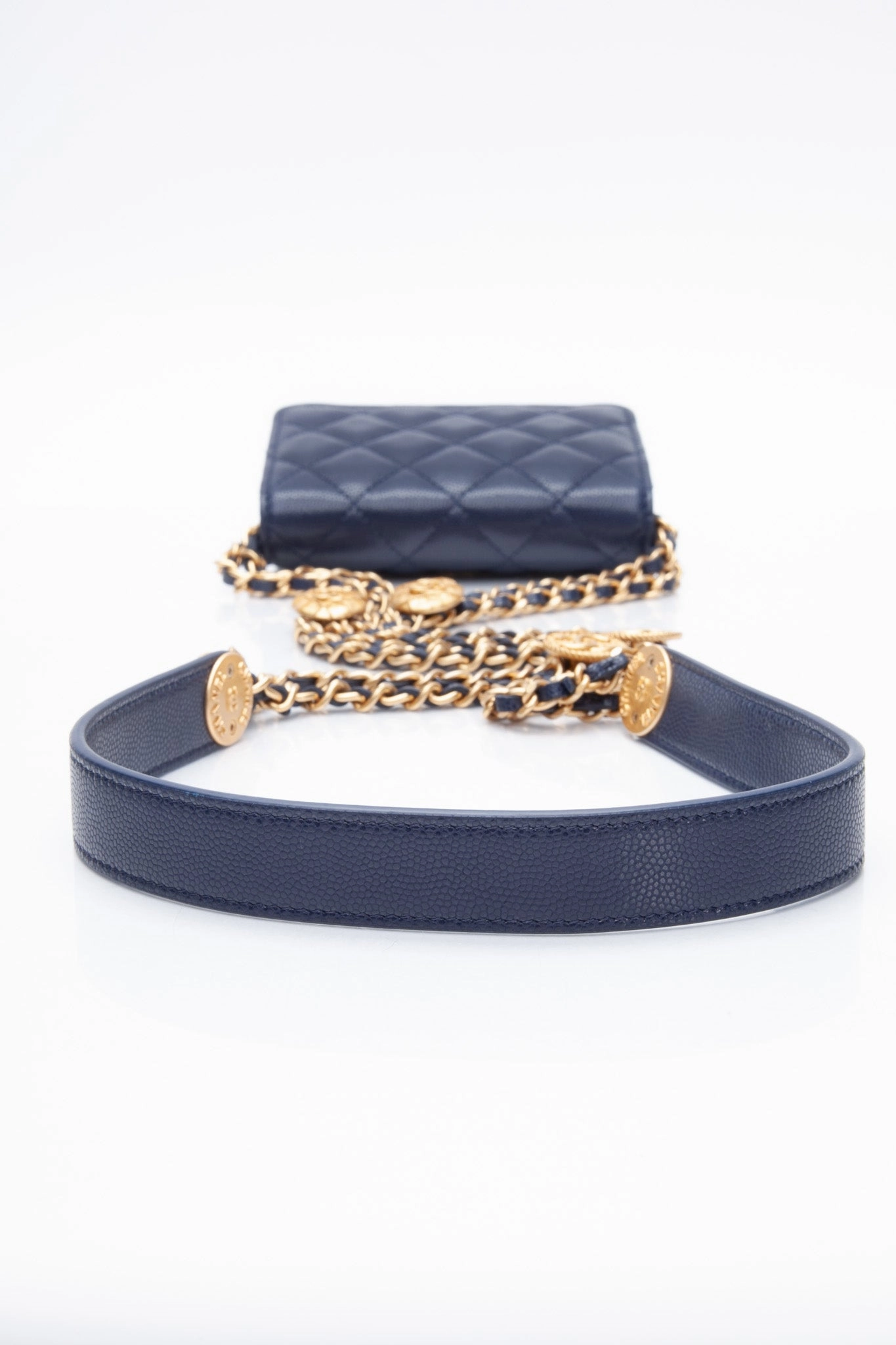 CHANEL Navy Quilted Caviar Twist Your Buttons Coin Purse with Chain Crossbody Bag