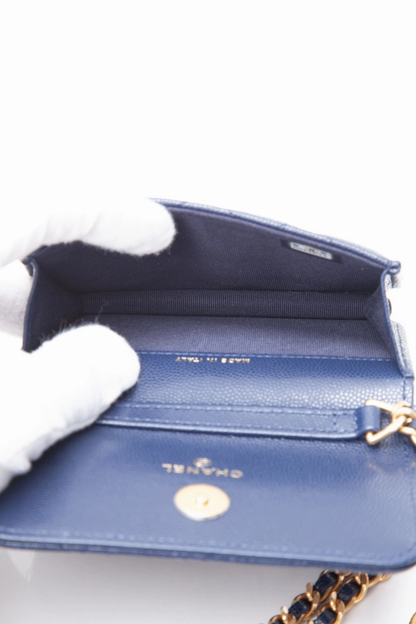 CHANEL Navy Quilted Caviar Twist Your Buttons Coin Purse with Chain Crossbody Bag