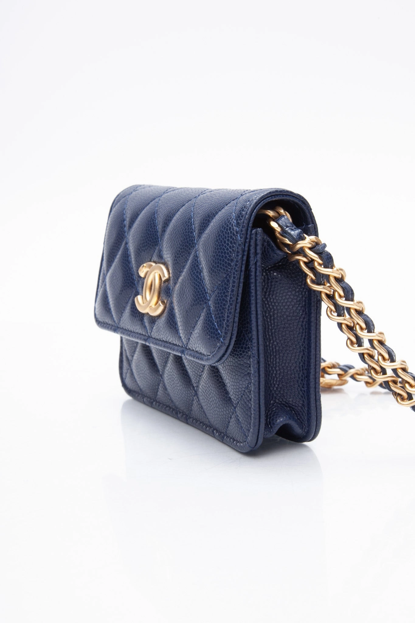 CHANEL Navy Quilted Caviar Twist Your Buttons Coin Purse with Chain Crossbody Bag