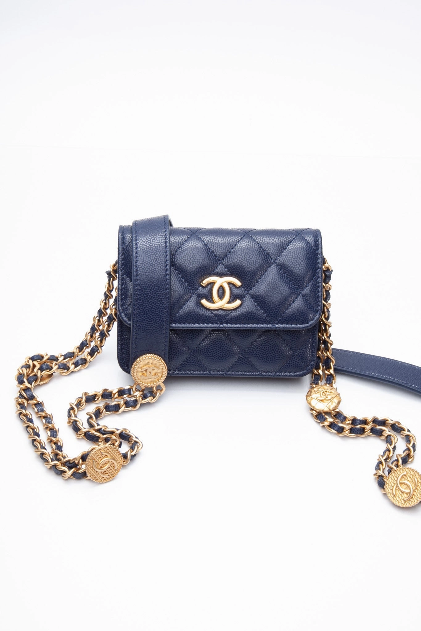 CHANEL Navy Quilted Caviar Twist Your Buttons Coin Purse with Chain Crossbody Bag