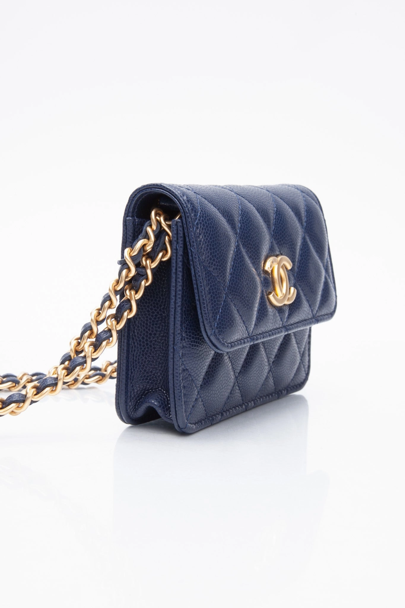 CHANEL Navy Quilted Caviar Twist Your Buttons Coin Purse with Chain Crossbody Bag