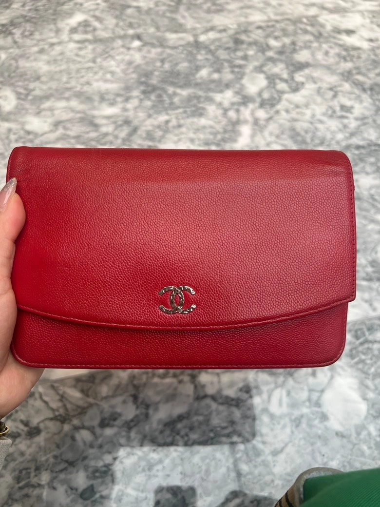 CHANEL Red Caviar Leather Wallet on Chain Shoulder Bag