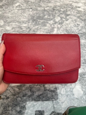 CHANEL Red Caviar Leather Wallet on Chain Shoulder Bag