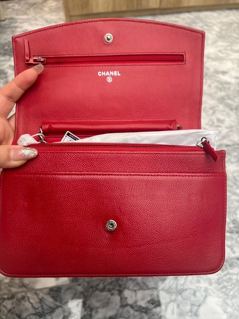 CHANEL Red Caviar Leather Wallet on Chain Shoulder Bag