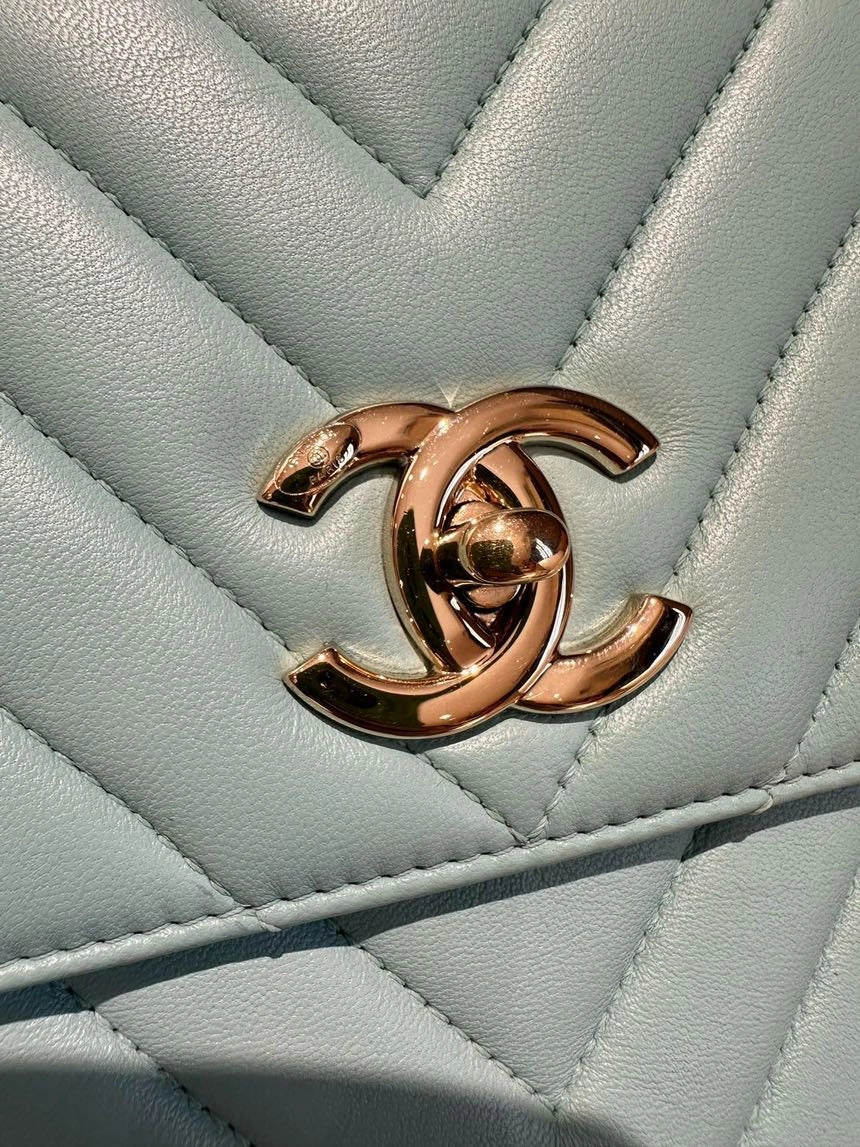 Chanel Trendy WOC Aqua Blue Chevron Quilted Calfskin Leather Chain Shoulder Bag