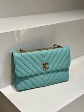 Chanel Trendy WOC Aqua Blue Chevron Quilted Calfskin Leather Chain Shoulder Bag