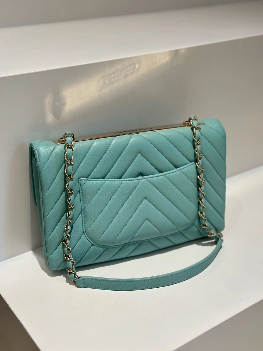 Chanel Trendy WOC Aqua Blue Chevron Quilted Calfskin Leather Chain Shoulder Bag