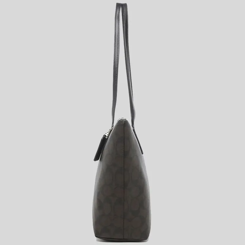 COACH Zip Top Tote In Signature Canvas Brown Black 4455