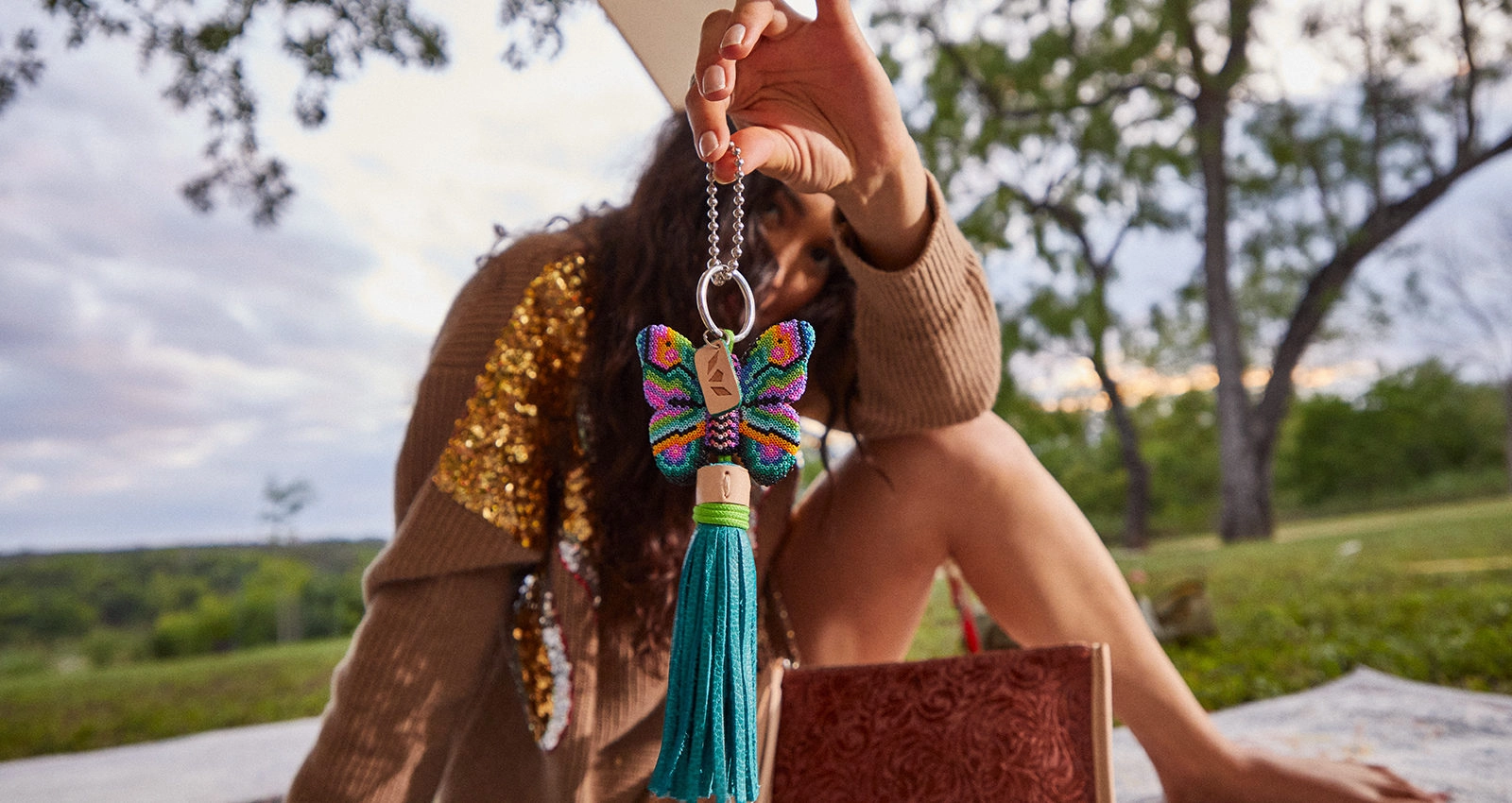 Consuela | Aqua Butterfly with Himalayan Fringe Chaquira Hand Beaded Bag Charm