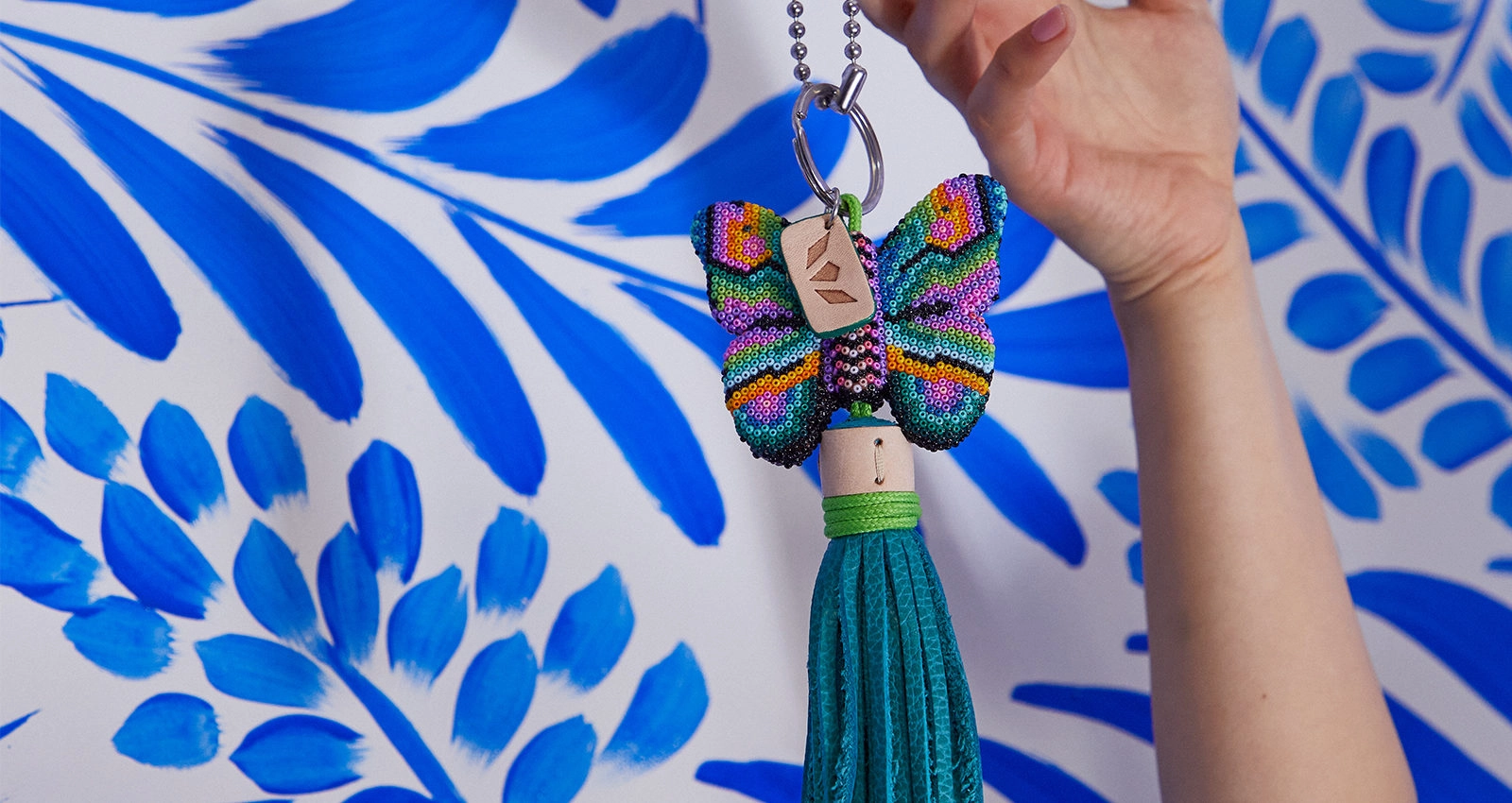 Consuela | Aqua Butterfly with Himalayan Fringe Chaquira Hand Beaded Bag Charm