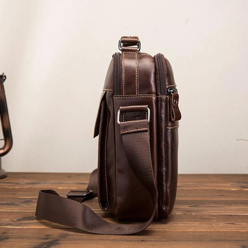 Cool Brown Leather Men's Small Vertical Messenger Bag Brown Small Side Bag For Men