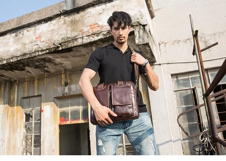 Cool Coffee Leather Mens 13 inches Vertical Briefcase Side Bag Messenger Bags Work Bags Courier Bag for Men