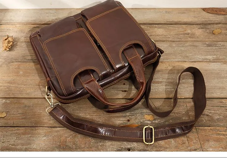 Cool Coffee Leather Mens 13 inches Vertical Briefcase Side Bag Messenger Bags Work Bags Courier Bag for Men