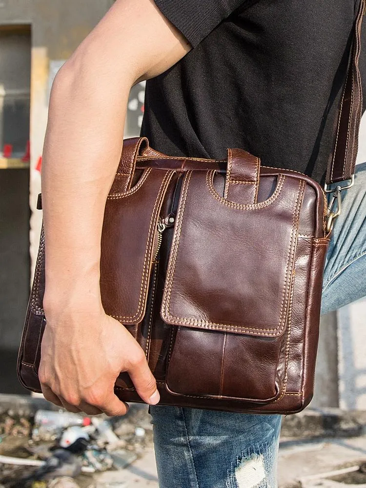 Cool Coffee Leather Mens 13 inches Vertical Briefcase Side Bag Messenger Bags Work Bags Courier Bag for Men