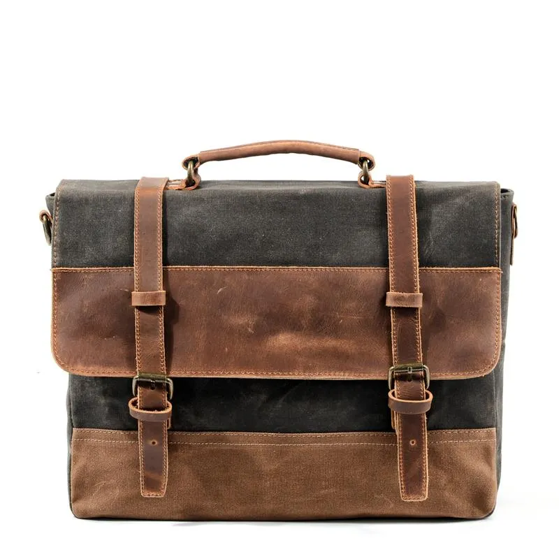 Cool Waxed Canvas Leather Mens 15.6" 15???? Waterproof Travel Side bag Computer Handbag Messenger Bag for Men