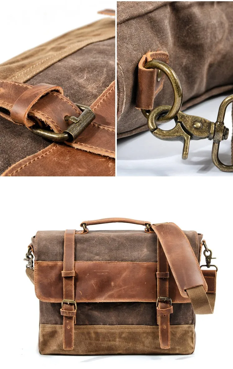 Cool Waxed Canvas Leather Mens 15.6" 15???? Waterproof Travel Side bag Computer Handbag Messenger Bag for Men