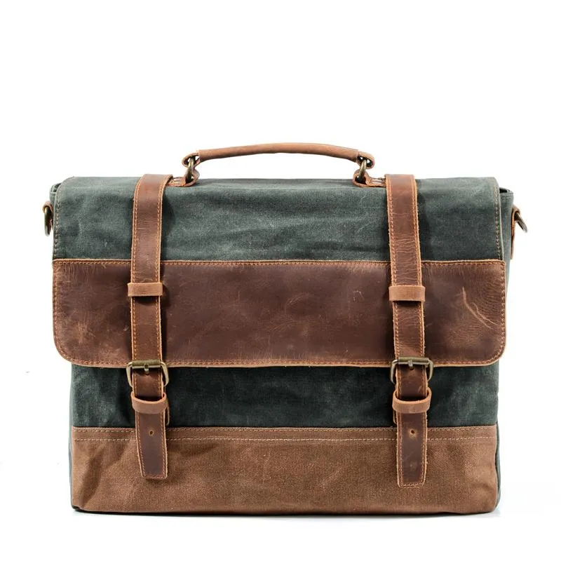 Cool Waxed Canvas Leather Mens 15.6" 15???? Waterproof Travel Side bag Computer Handbag Messenger Bag for Men