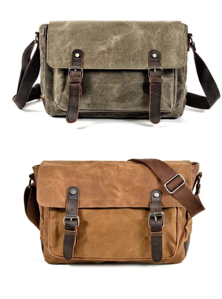 Cool Waxed Canvas Leather Mens Gray Casual Waterproof Side Bag 12'' Messenger Bag For Men