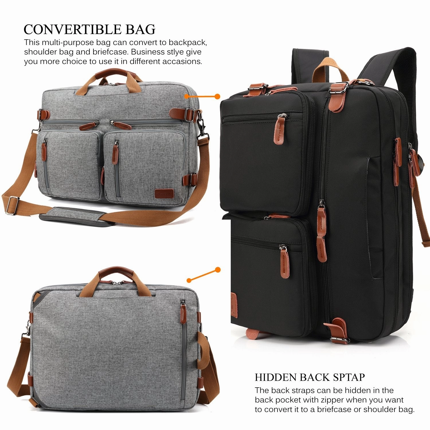 CoolBELL Convertible Backpack Messenger Bag Shoulder Bag Laptop Case Handbag Business Briefcase Multi-Functional Travel Rucksack Fits 15.6 Inch Laptop for Men/Women (Grey)